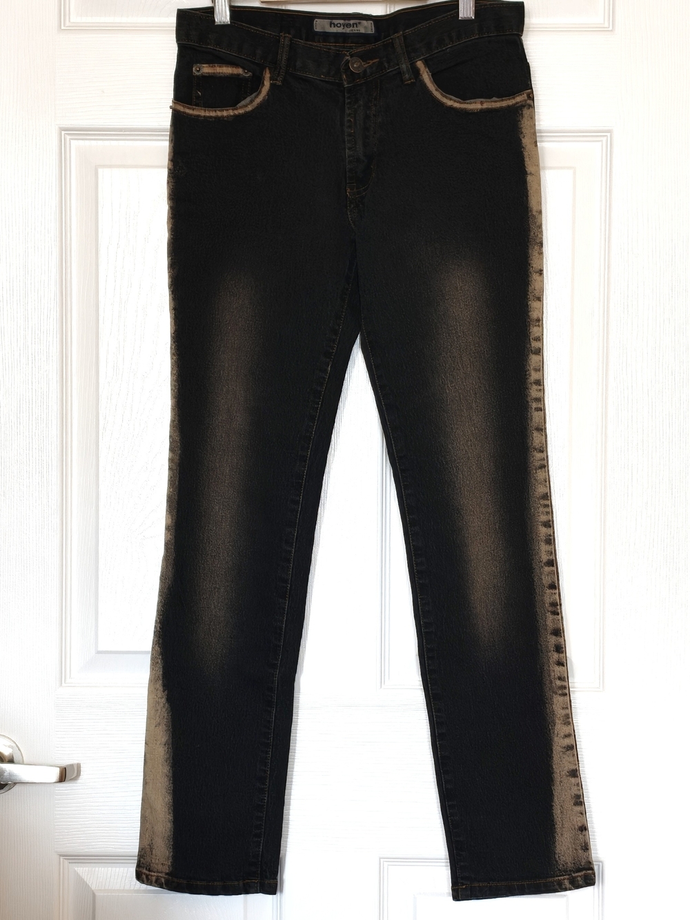 Black Washed Straight Leg Jeans with Contrasting Grunge Details, Non Standard Sz